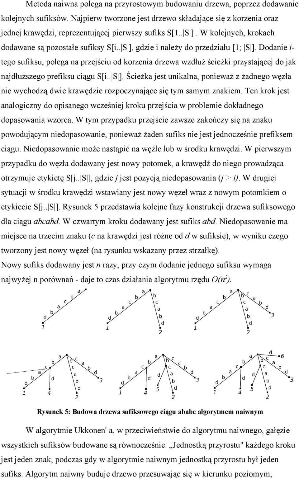 . S ], gdzie i należy do przedziału [1; S ]. Dodanie i- tego sufiksu, polega na przejściu od korzenia drzewa wzdłuż ścieżki przystającej do jak najdłuższego prefiksu ciągu S[i.. S ]. Ścieżka jest unikalna, ponieważ z żadnego węzła nie wychodzą dwie krawędzie rozpoczynające się tym samym znakiem.
