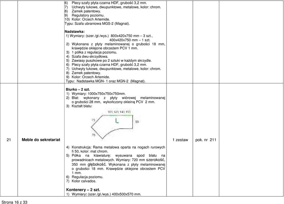 5) Zawiasy puszkowe po 2 sztuki w kaŝdym skrzydle. 6) Plecy szafy płyta czarna HDF, grubość 3,2 mm. 7) Uchwyty łukowe, dwupunktowe, metalowe, kolor: chrom. 8) Zamek patentowy.