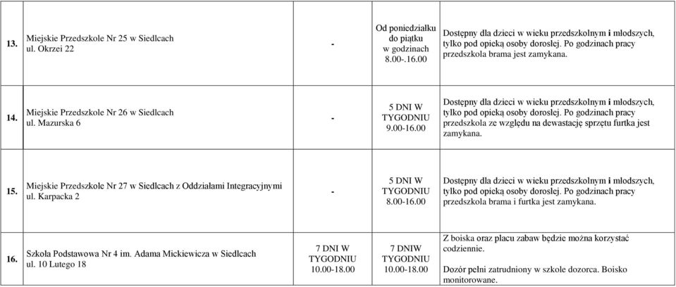 Miejskie Przedszkole Nr 27 z Oddziałami Integracyjnymi ul. Karpacka 2 8.0016.00 przedszkola brama i furtka jest zamykana. 16.