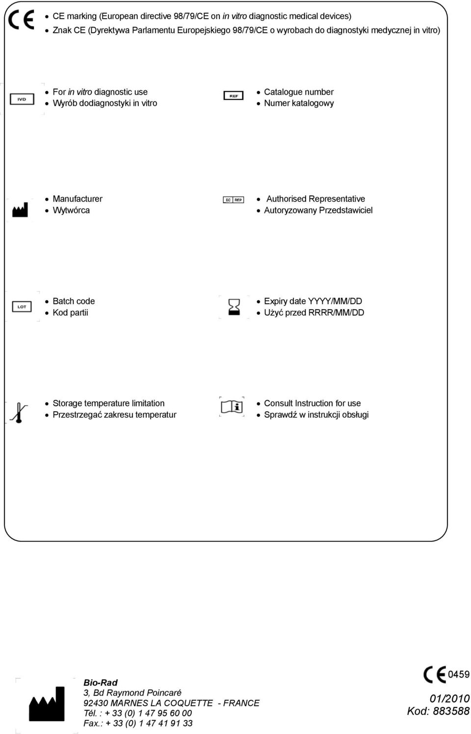 Przedstawiciel Batch code Kod partii Expiry date YYYY/MM/DD Użyć przed RRRR/MM/DD Storage temperature limitation Przestrzegać zakresu temperatur Consult Instruction for