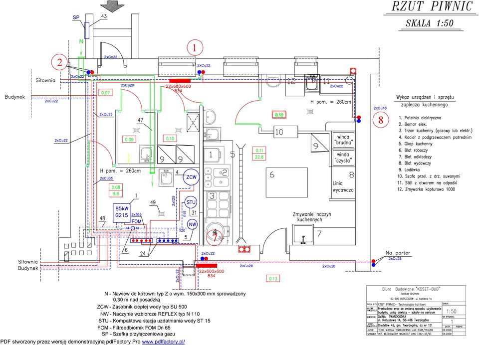 150x300 mm sprowadzony 0,30 m nad posadzką ZCW - Zasobnik ciepłej wody typ SU 500 NW - Naczynie wzbiorcze