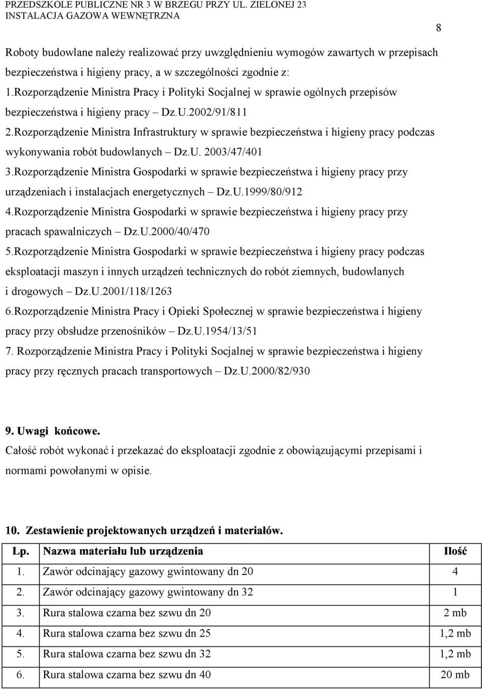 Rozporządzenie Ministra Infrastruktury w sprawie bezpieczeństwa i higieny pracy podczas wykonywania robót budowlanych Dz.U. 003/47/40 3.