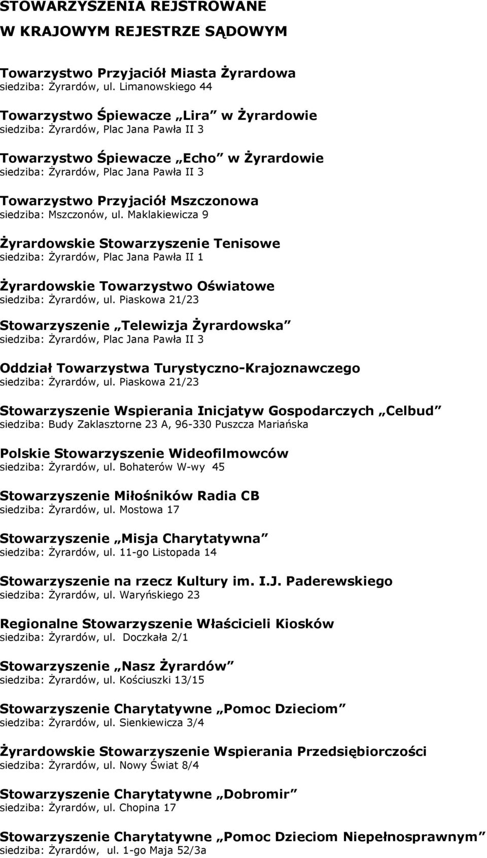 Maklakiewicza 9 Żyrardowskie Stowarzyszenie Tenisowe siedziba: Żyrardów, Plac Jana Pawła II 1 Żyrardowskie Towarzystwo Oświatowe siedziba: Żyrardów, ul.