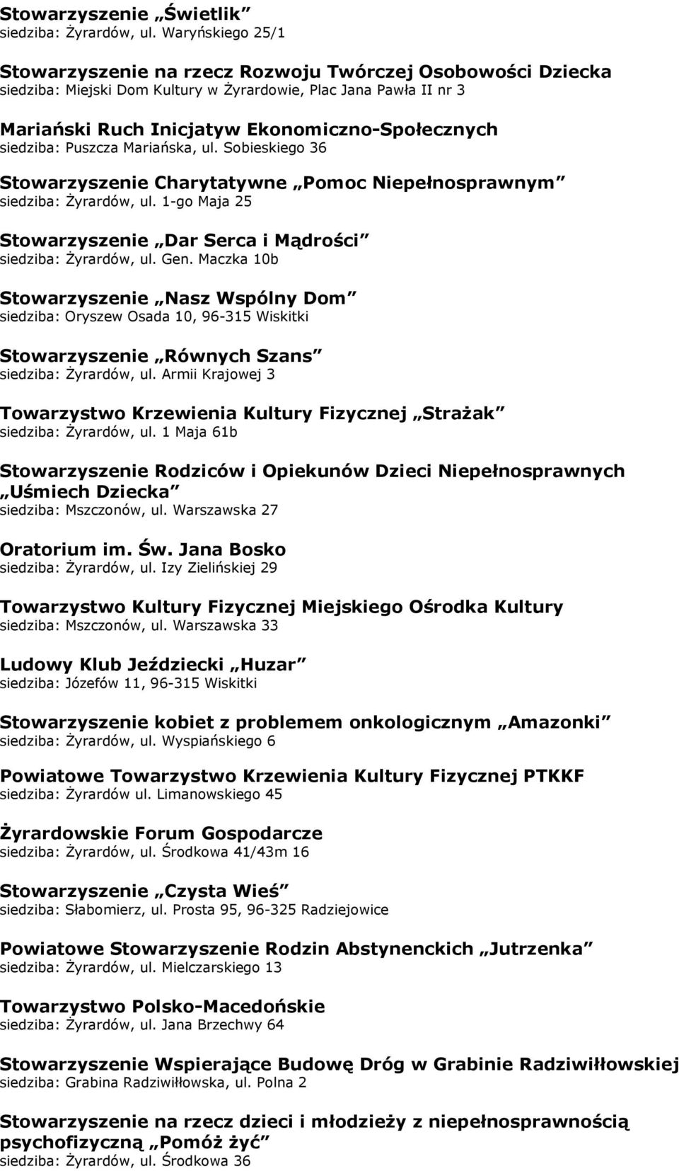 siedziba: Puszcza Mariańska, ul. Sobieskiego 36 Stowarzyszenie Charytatywne Pomoc Niepełnosprawnym siedziba: Żyrardów, ul. 1-go Maja 25 Stowarzyszenie Dar Serca i Mądrości siedziba: Żyrardów, ul. Gen.