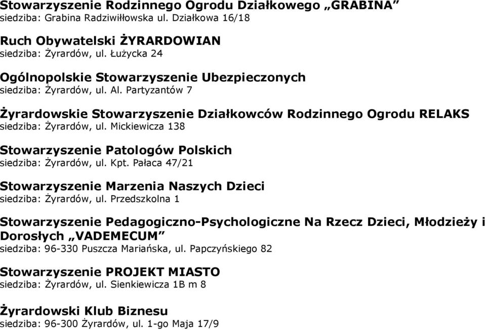 Mickiewicza 138 Stowarzyszenie Patologów Polskich siedziba: Żyrardów, ul. Kpt. Pałaca 47/21 Stowarzyszenie Marzenia Naszych Dzieci siedziba: Żyrardów, ul.