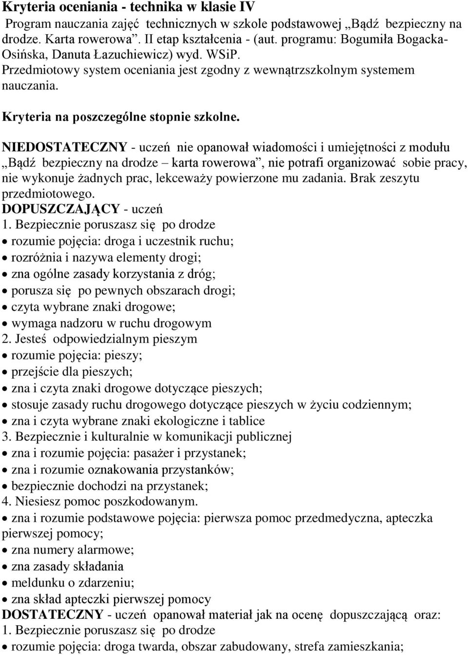 NIEDOSTATECZNY - uczeń nie opanował wiadomości i umiejętności z modułu Bądź bezpieczny na drodze karta rowerowa, nie potrafi organizować sobie pracy, nie wykonuje żadnych prac, lekceważy powierzone