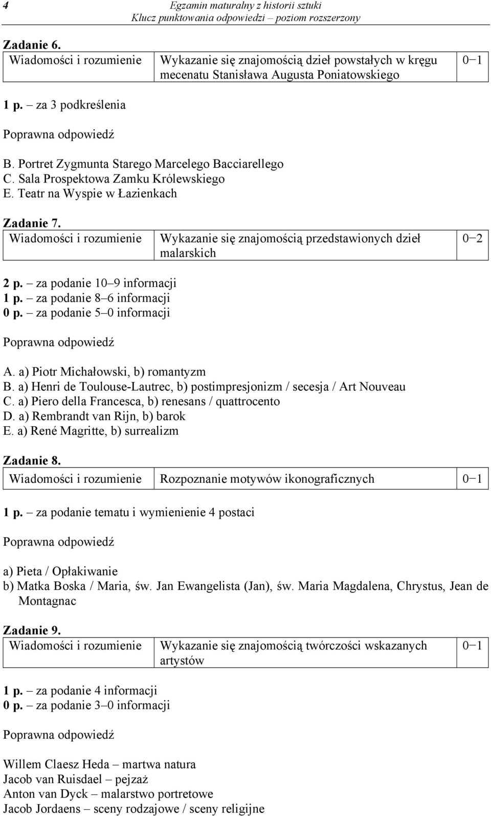 za podanie 10 9 informacji 1 p. za podanie 8 6 informacji 0 p. za podanie 5 0 informacji A. a) Piotr Michałowski, b) romantyzm B.