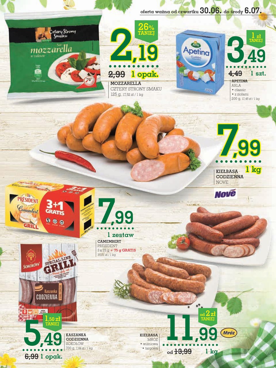 ziołami 200 g, 17,45 zł / 7,99 kiełbasa CODZIENNA NOVE 7,99 1 zestaw CAMEMBERT PRESIDENT 3 x 75