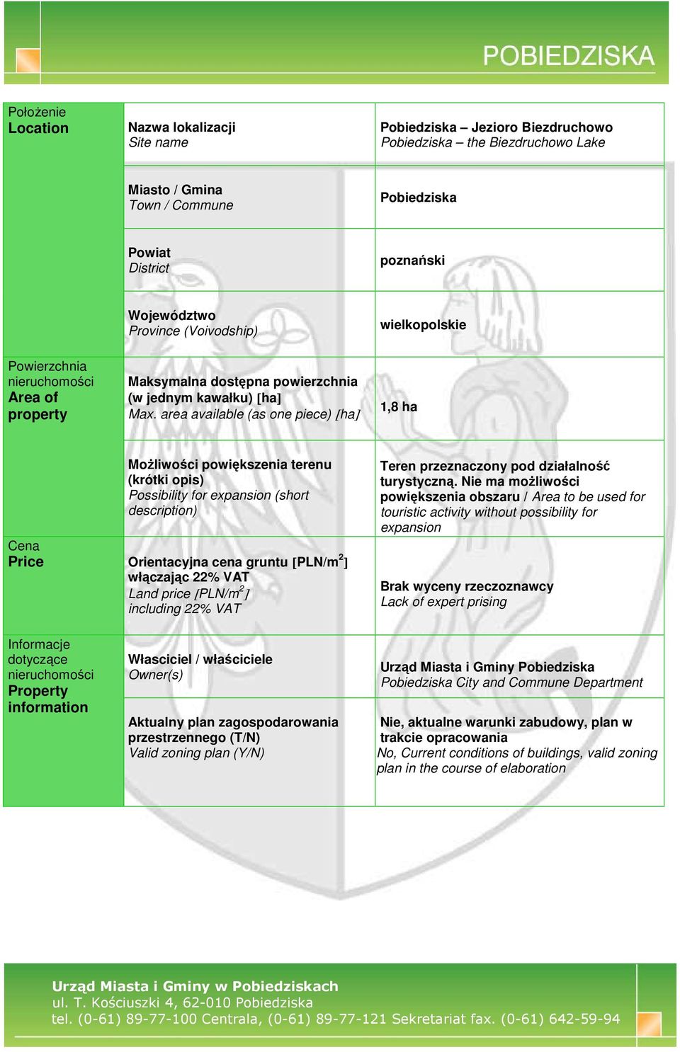 area available (as one piece) [ha] 1,8 ha MoŜliwości powiększenia (krótki opis) Possibility for expansion (short description) Cena Price Orientacyjna cena gruntu [PL/m 2 ] włączając 22% VAT Land