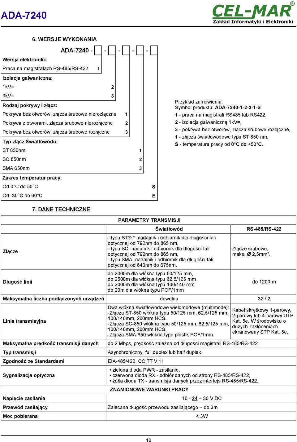 magistrali RS485 lub RS422, 2 - izolacja galwaniczną 1kV=, 3 - pokrywa bez otworów, złącza śrubowe rozłączne, 1 - złącza światłowodowe typu ST 850 nm, S - temperatura pracy od 0 C do +50 C.