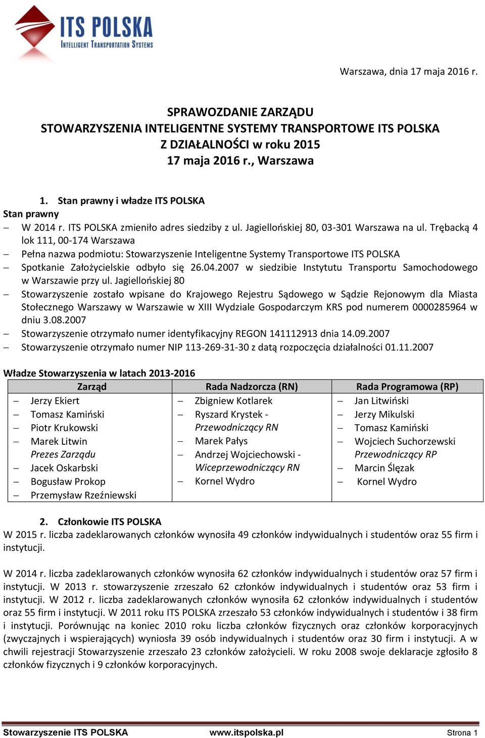 Trębacką 4 lok 111, 00-174 Warszawa Pełna nazwa podmiotu: Stowarzyszenie Inteligentne Systemy Transportowe ITS POLSKA Spotkanie Założycielskie odbyło się 26.04.