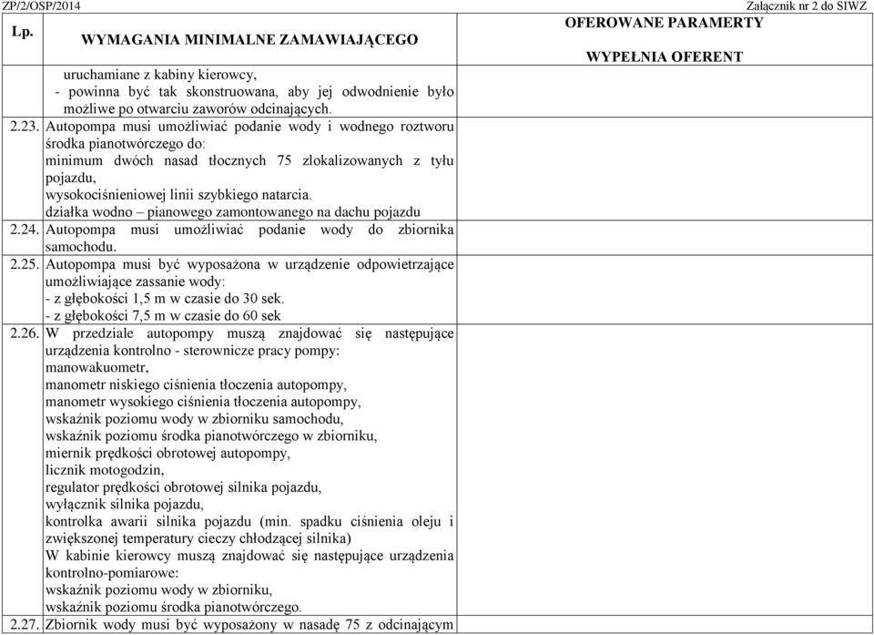 działka wodno pianowego zamontowanego na dachu pojazdu 2.24. Autopompa musi umożliwiać podanie wody do zbiornika samochodu. 2.25.