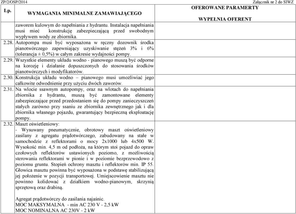 Wszystkie elementy układu wodno - pianowego muszą być odporne na korozję i działanie dopuszczonych do stosowania środków pianotwórczych i modyfikatorów. 2.30.