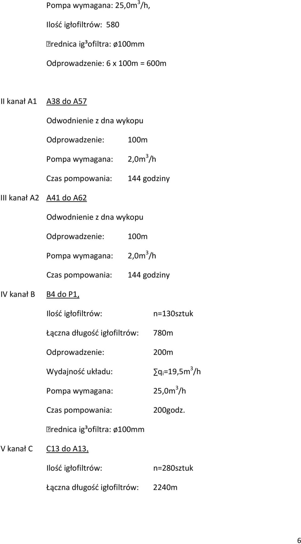 godziny IV kanał B B4 do P1, Ilość igłofiltrów: n=130sztuk Łączna długość igłofiltrów: 780m 200m Wydajność układu: q i =19,5m 3 /h Pompa