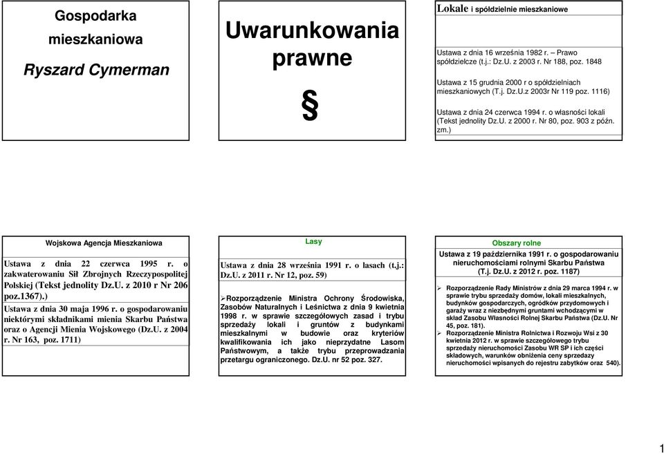 903 z późn. zm.) Wojskowa Agencja Mieszkaniowa Ustawa z dnia 22 czerwca 1995 r. o zakwaterowaniu Sił Zbrojnych Rzeczypospolitej Polskiej (Tekst jednolity Dz.U. z 2010 r Nr 206 poz.1367).