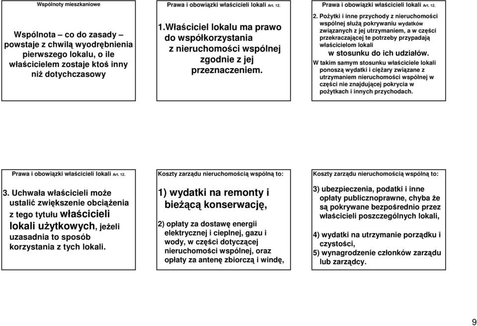 Pożytki i inne przychody z nieruchomości wspólnej służą pokrywaniu wydatków związanych z jej utrzymaniem, a w części przekraczającej te potrzeby przypadają właścicielom lokali w stosunku do ich