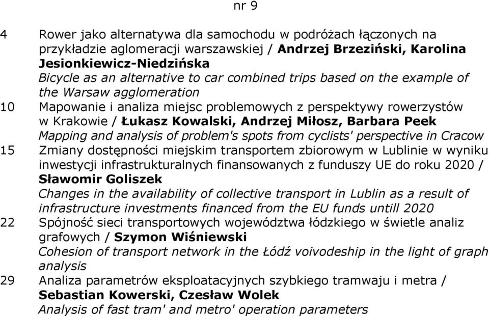 and analysis of problem's spots from cyclists' perspective in Cracow 15 Zmiany dostępności miejskim transportem zbiorowym w Lublinie w wyniku inwestycji infrastrukturalnych finansowanych z funduszy