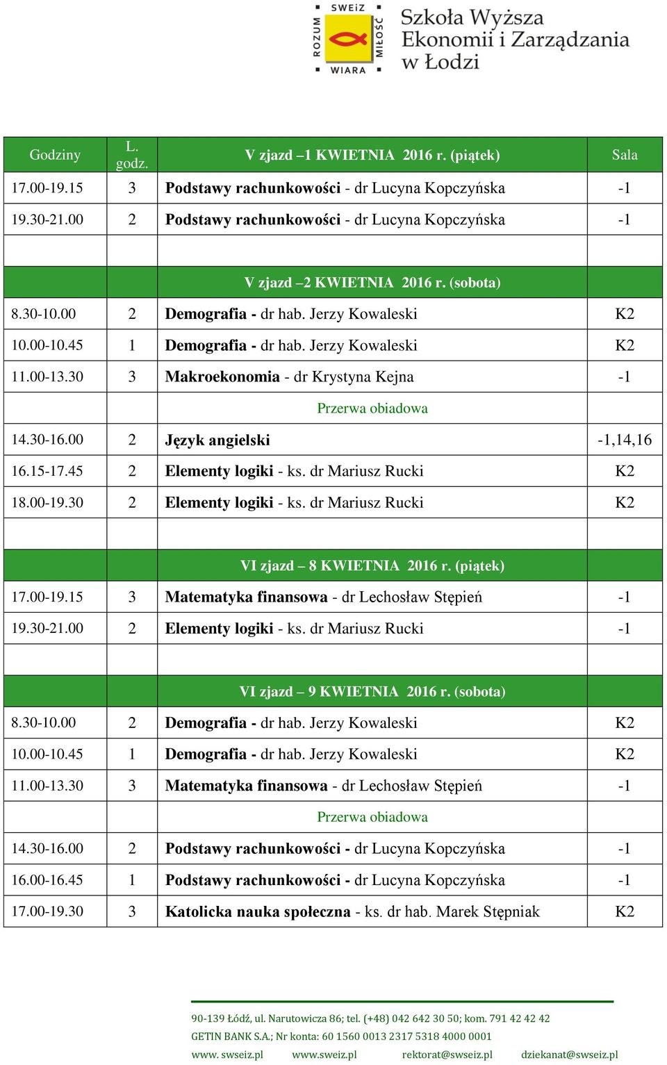 15-17.45 2 Elementy logiki - ks. dr Mariusz Rucki K2 18.00-19.30 2 Elementy logiki - ks. dr Mariusz Rucki K2 VI zjazd 8 KWIETNIA 2016 r. (piątek) VI zjazd 9 KWIETNIA 2016 r. (sobota) 8.30-10.