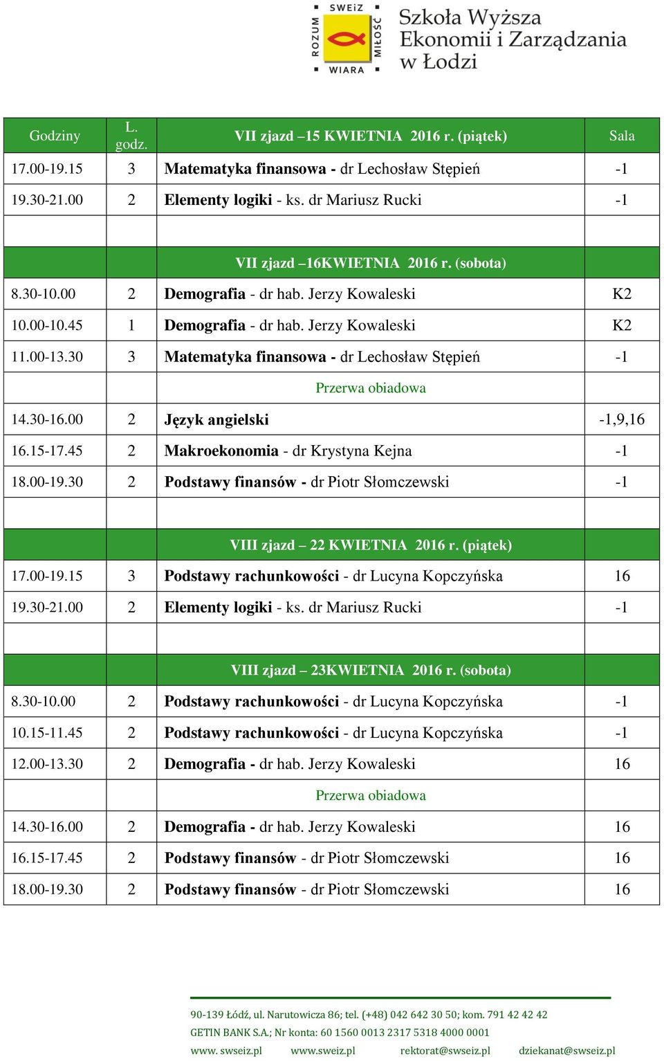 30 2 Podstawy finansów - dr Piotr Słomczewski -1 VIII zjazd 22 KWIETNIA 2016 r. (piątek) 17.00-19.15 3 Podstawy rachunkowości - dr Lucyna Kopczyńska 16 VIII zjazd 23KWIETNIA 2016 r. (sobota) 8.30-10.