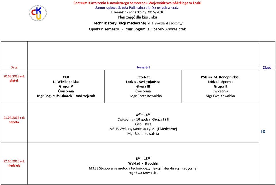 21.05.2016 rok - 10 godzin i II IX 22.05.2016 rok 8 30 15 15 Wykład - 8 godzin M3.