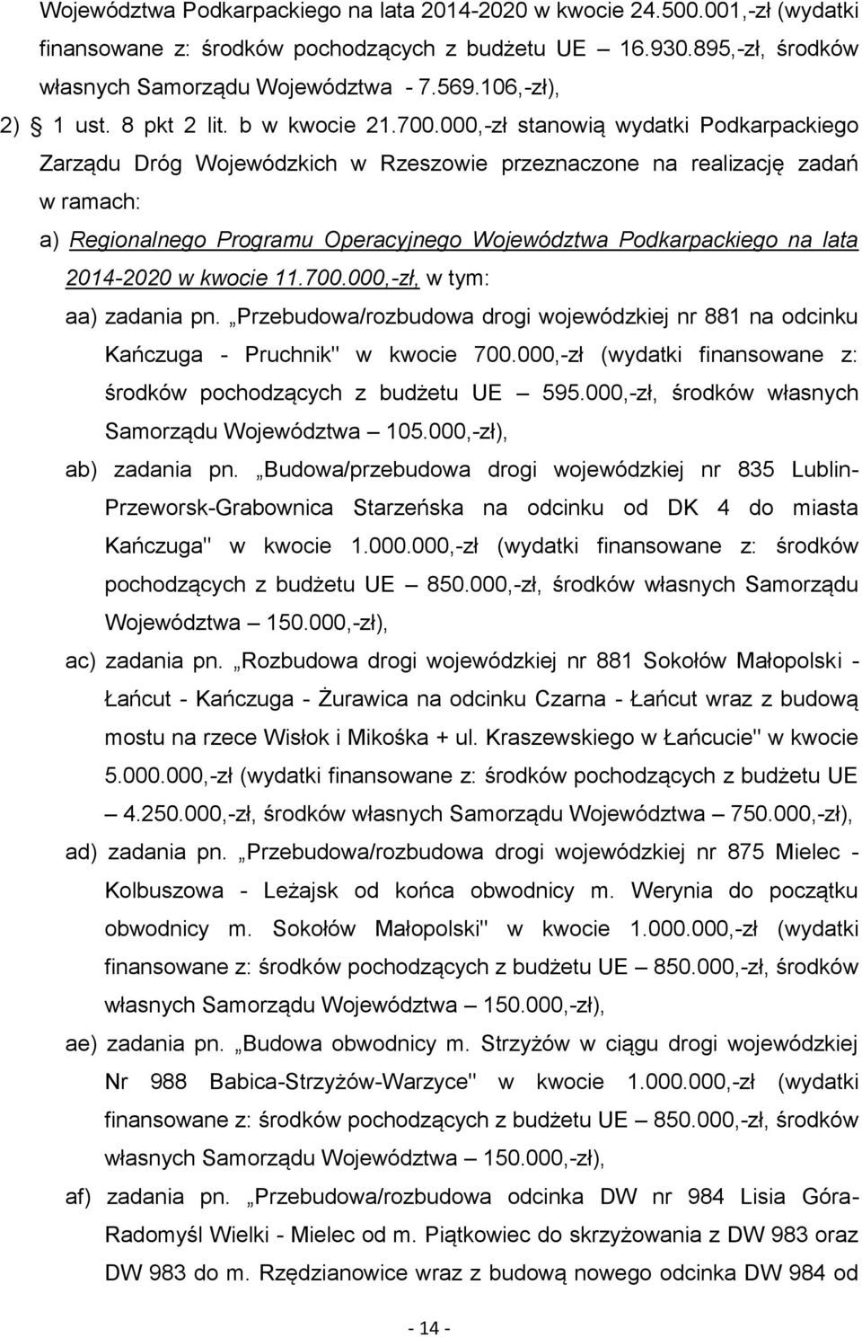 000,-zł stanowią wydatki Podkarpackiego Zarządu Dróg Wojewódzkich w Rzeszowie przeznaczone na realizację zadań w ramach: a) Regionalnego Programu Operacyjnego Województwa Podkarpackiego na lata