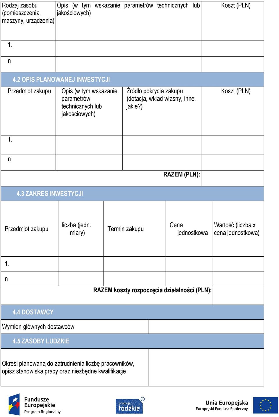 ) Koszt (PLN) 1. n RAZEM (PLN): 4.3 ZAKRES INWESTYCJI Przedmiot zakupu liczba (jedn. miary) Termin zakupu Cena jednostkowa Wartość (liczba x cena jednostkowa) 1.