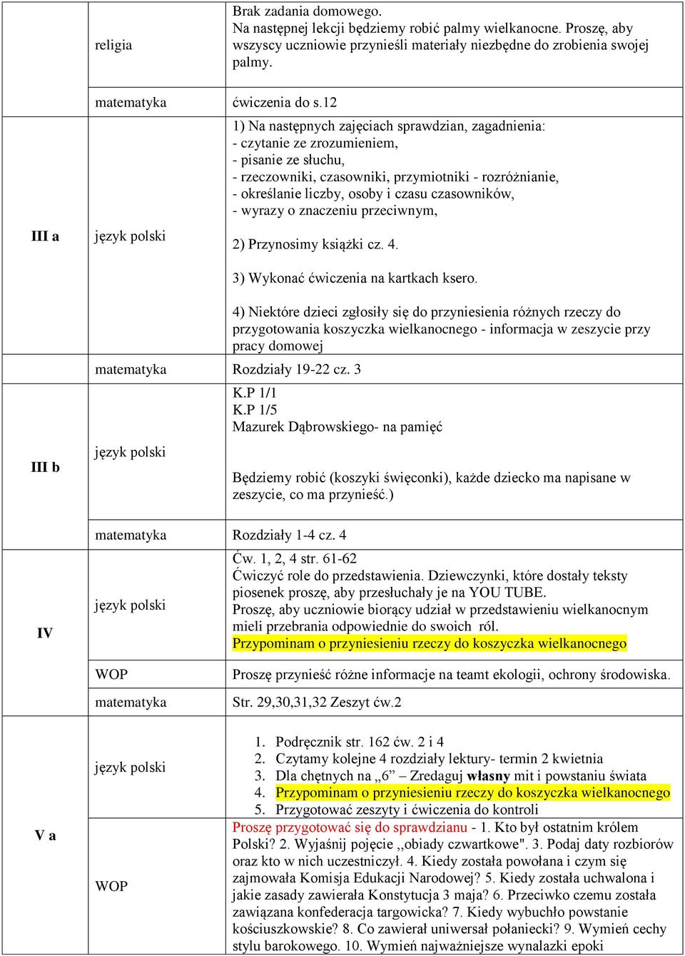 czasowników, - wyrazy o znaczeniu przeciwnym, 2) Przynosimy książki cz. 4. 3) Wykonać ćwiczenia na kartkach ksero. III b IV Rozdziały 19-22 cz.