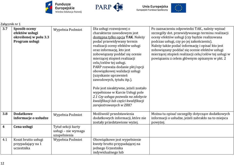 PARP rozważa dodanie pkt/opcji obowiązkowej walidacji usługi (uzyskanie uprawnień zawodowych, tytułu itp.). Po zaznaczeniu odpowiedzi TAK., należy wpisać szczegóły dot.