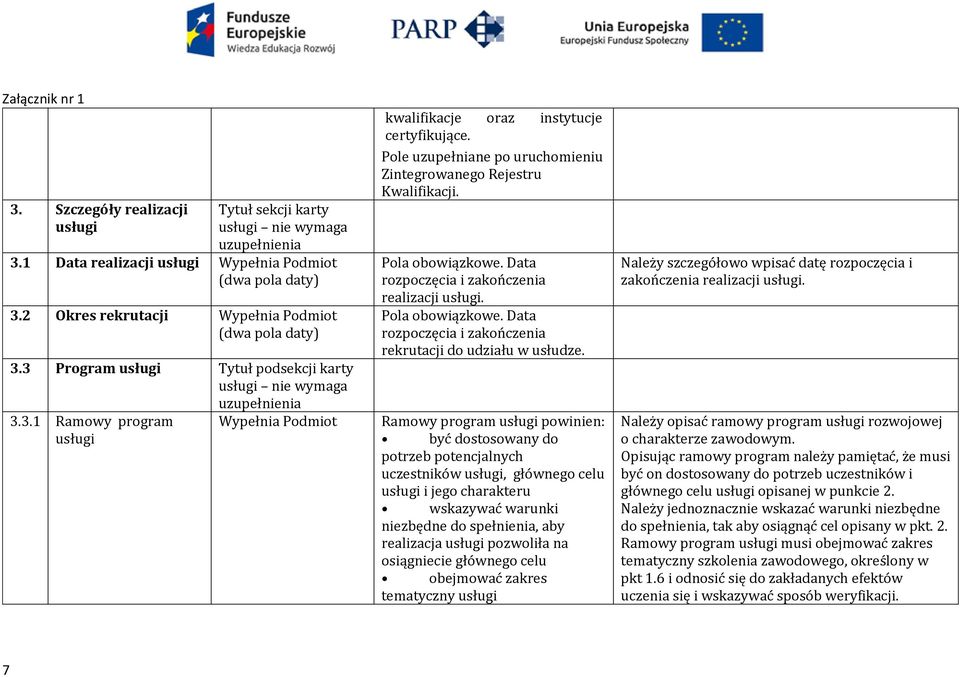 Pole uzupełniane po uruchomieniu Zintegrowanego Rejestru Kwalifikacji. Pola obowiązkowe. Data rozpoczęcia i zakończenia realizacji usługi. Pola obowiązkowe. Data rozpoczęcia i zakończenia rekrutacji do udziału w usłudze.