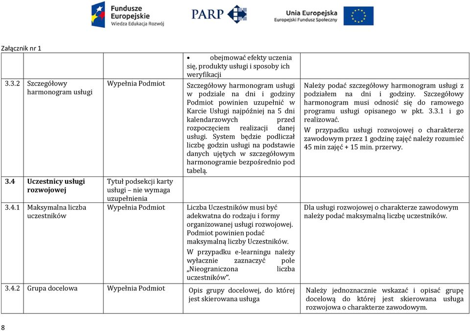 1 Maksymalna liczba uczestników Tytuł podsekcji karty usługi nie wymaga uzupełnienia obejmować efekty uczenia się, produkty usługi i sposoby ich weryfikacji Szczegółowy harmonogram usługi w podziale
