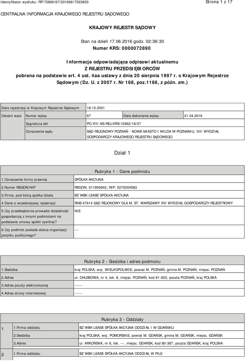 o Krajowym Rejestrze Sądowym (Dz. U. z 2007 r. Nr 168, poz.1186, z późn. zm.) Data rejestracji w Krajowym Rejestrze Sądowym 18.12.2001 Ostatni wpis Numer wpisu 67 Data dokonania wpisu 21.04.