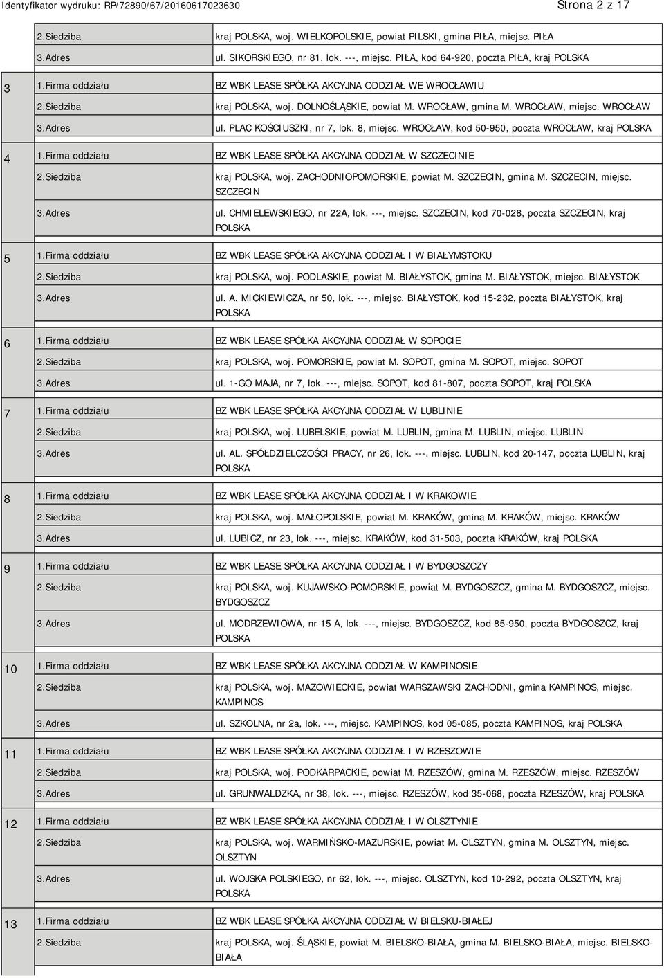 WROCŁAW, kod 50-950, poczta WROCŁAW, kraj 4 1.Firma oddziału BZ WBK LEASE SPÓŁKA AKCYJNA ODDZIAŁ W SZCZECINIE kraj, woj. ZACHODNIOPOMORSKIE, powiat M. SZCZECIN, gmina M. SZCZECIN, miejsc. SZCZECIN ul.