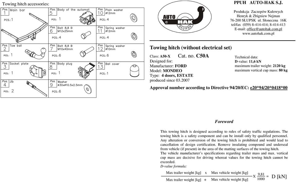 200 Technical data: D-value: 11,6 kn maximum trailer weight: 2120 kg maximum vertical cup mass: 80 kg Approval number according to Directive 9/20/EC: e20*9/20*018*00 Foreword This towing hitch is