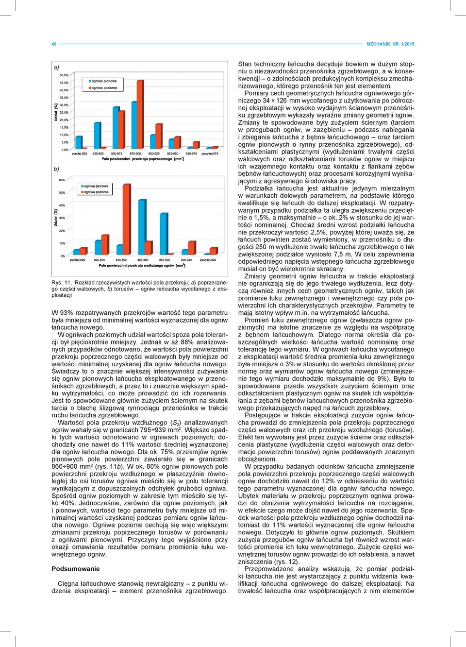 mniejsza od minimalnej wartości wyznaczonej dla ogniw łańcucha nowego. W ogniwach poziomych udział wartości spoza pola tolerancji był pięciokrotnie mniejszy.