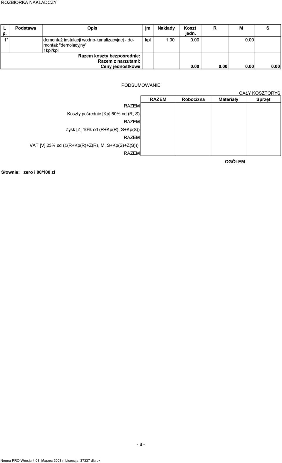 00 0.00 "demolacyjny" 1kpl/kpl Słownie: zero i 00/100 zł PODSUMOWANIE RAZEM Koszty pośrednie [Kp]