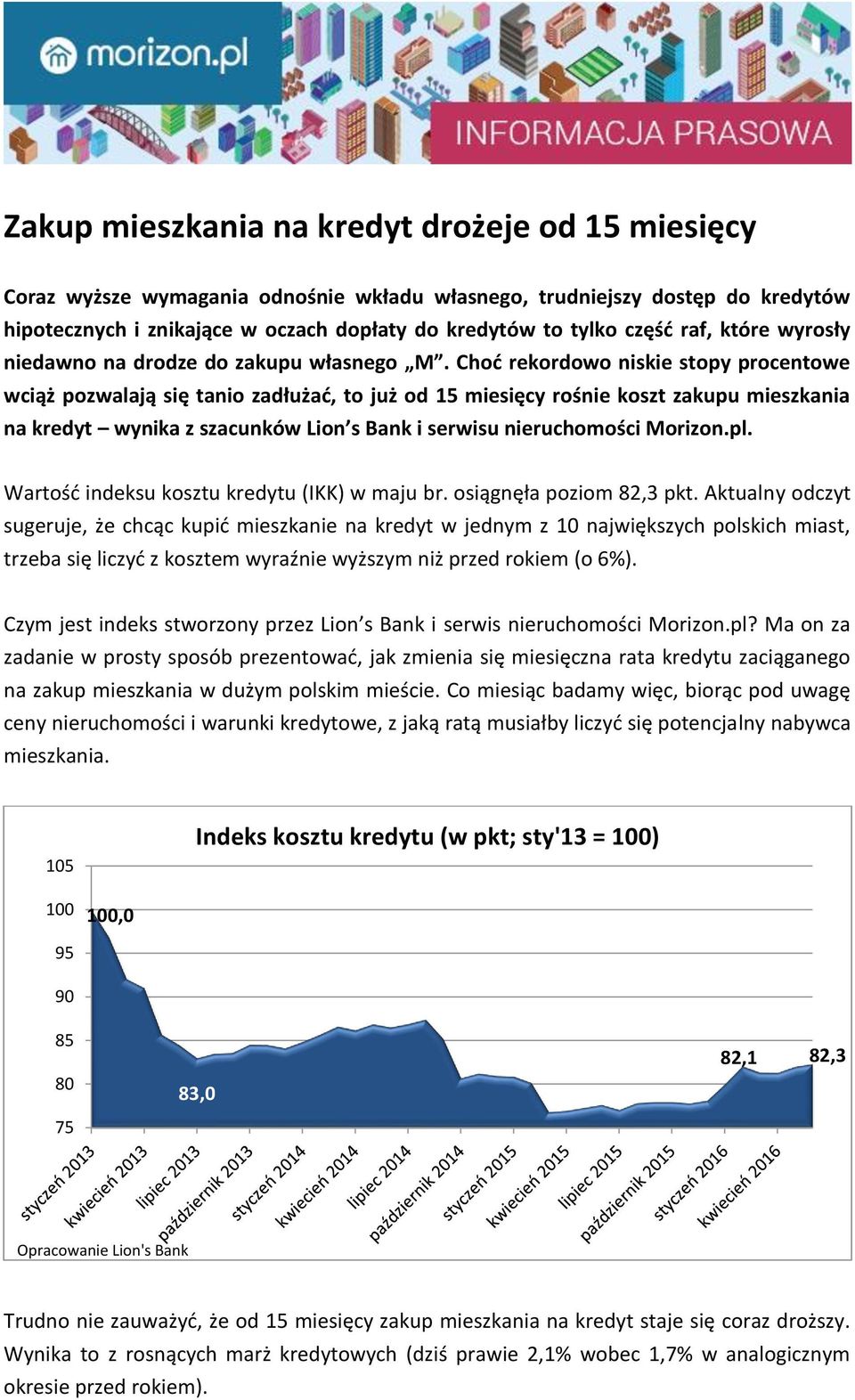 Choć rekordowo niskie stopy procentowe wciąż pozwalają się tanio zadłużać, to już od 15 miesięcy rośnie koszt zakupu mieszkania na kredyt wynika z szacunków Lion s Bank i serwisu nieruchomości