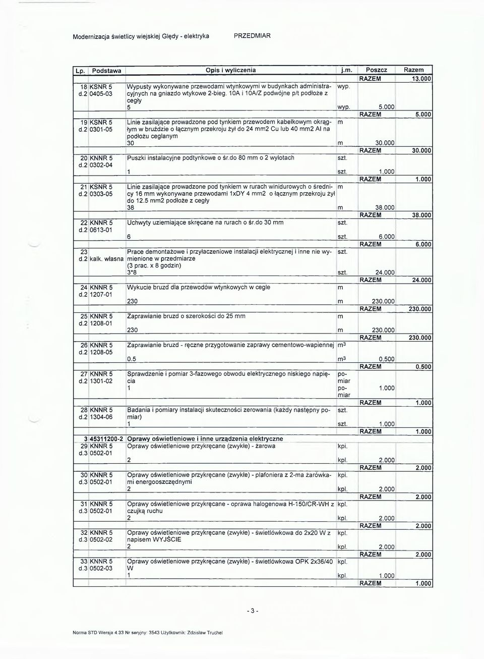 0A i 0A/Z podwójne p/t podłoże z cegły 5 Linie zasilające prowadzone pod tynkie przewode kabelkowy okrągły w bruździe o łączny przekroju żył do Cu lub 0 Al na podłożu ceglany 30 Puszki instalacyjne