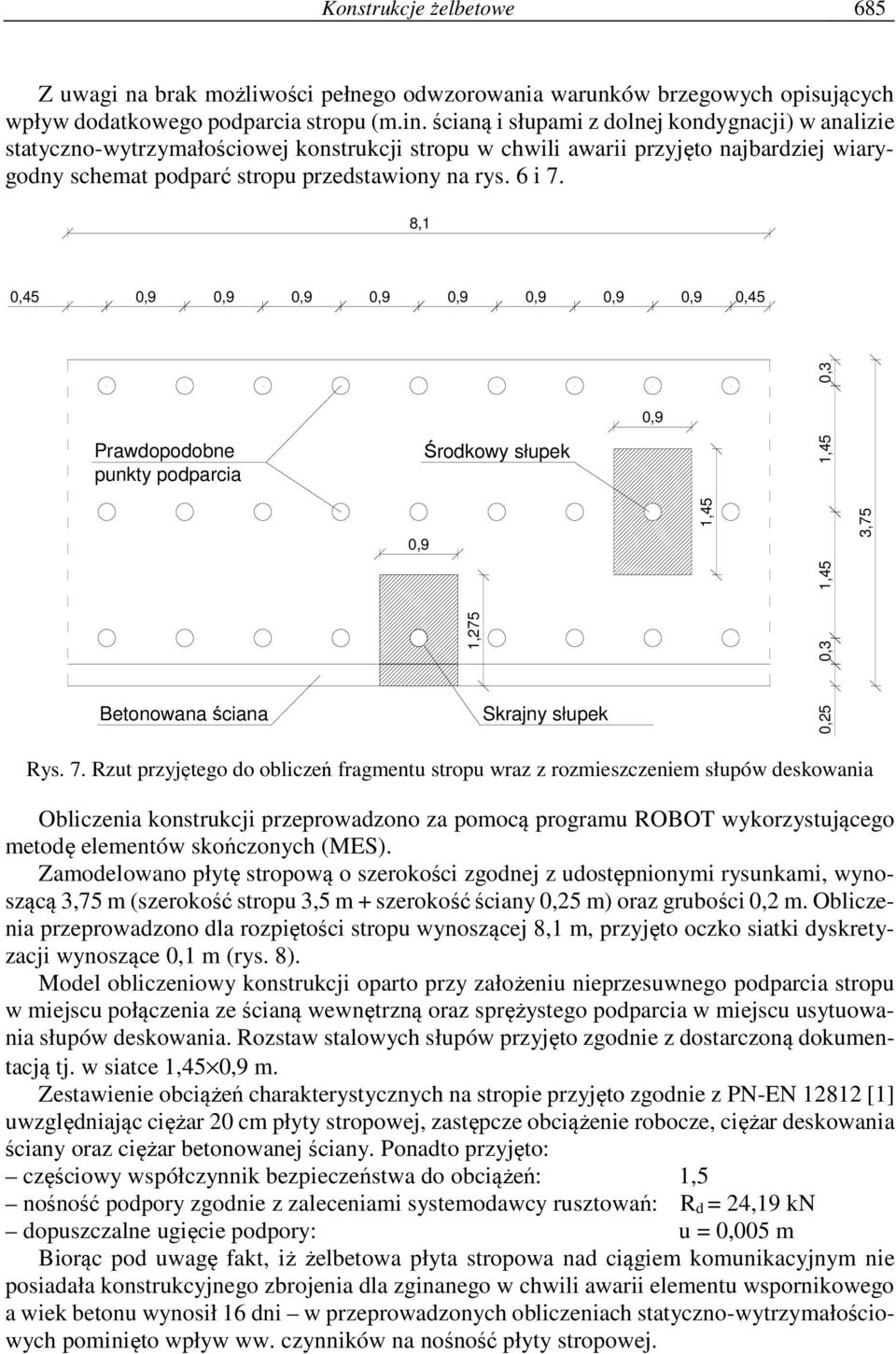 8,1 0,45 0,9 0,9 0,9 0,9 0,9 0,9 0,9 0,9 0,45 0,3 0,9 Prawdopodobne punkty podparcia Środkowy słupek 1,45 0,9 1,275 0,3 1,45 1,45 3,75 0,25 Betonowana ściana Skrajny słupek Rys. 7.