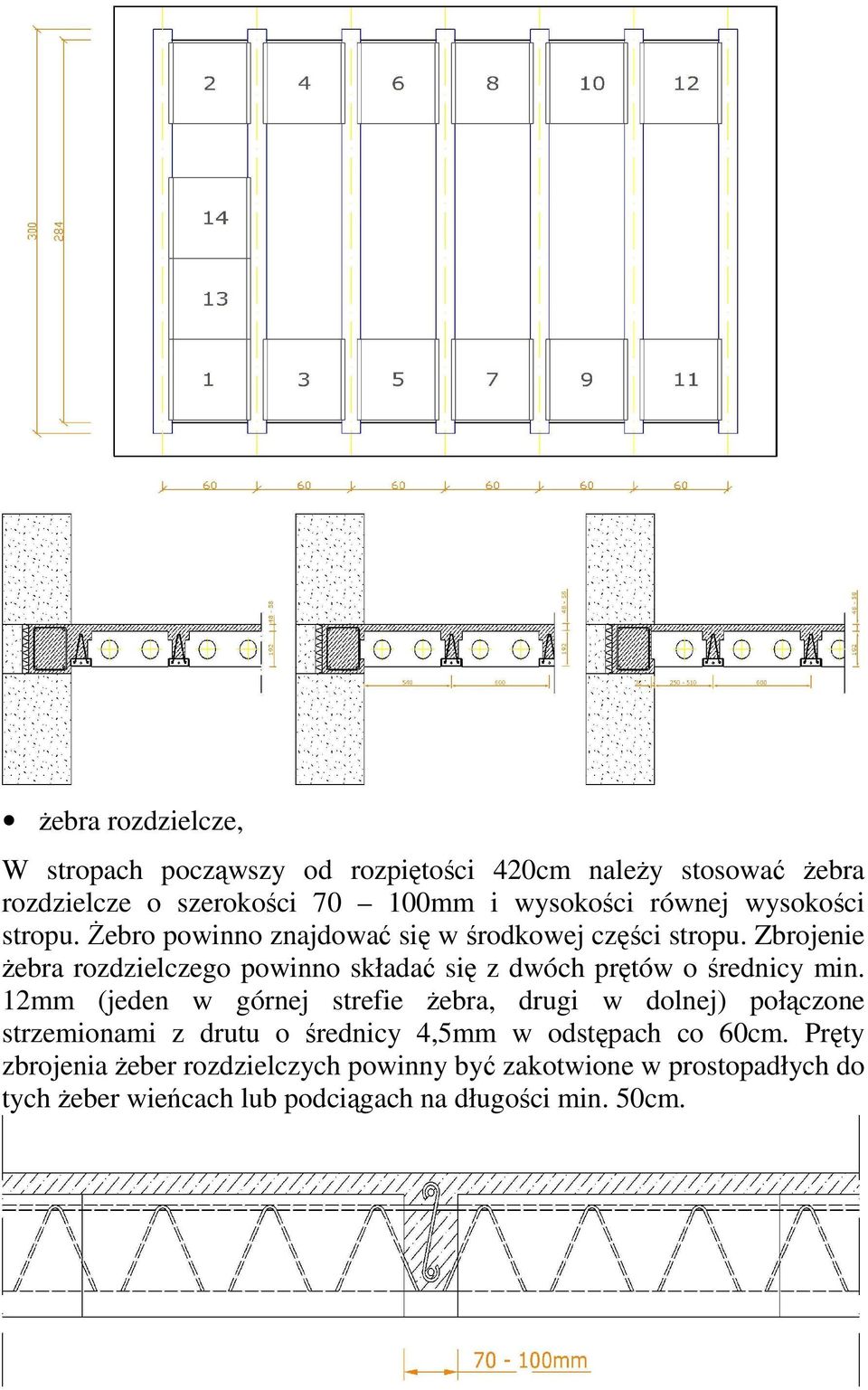 Zbrojenie Ŝebra rozdzielczego powinno składać się z dwóch prętów o średnicy min.