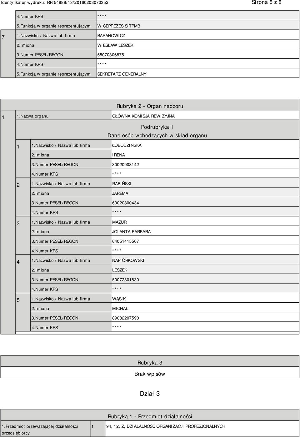 Nazwisko / Nazwa lub firma RABIŃSKI JAREMA 3.Numer PESEL/REGON 60020300434 3 1.Nazwisko / Nazwa lub firma MAZUR JOLANTA BARBARA 3.Numer PESEL/REGON 64051415507 4 1.