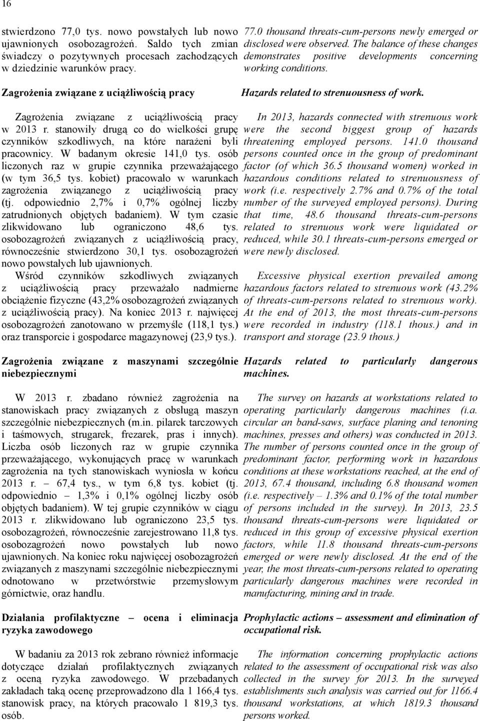 Zagrożenia związane z uciążliwością pracy w 2013 r. stanowiły drugą co do wielkości grupę szkodliwych, na które narażeni byli pracownicy. W badanym okresie 141,0 tys.