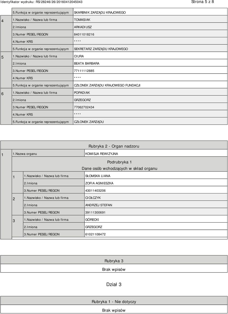 Numer PESEL/REGON 77062702434 CZŁONEK ZARZĄDU Rubryka 2 - Organ nadzoru 1 1.Nazwa organu KOMISJA REWIZYJNA Podrubryka 1 Dane osób wchodzących w skład organu 1 1.