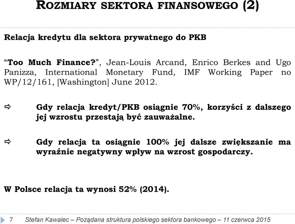 [Washington] June 2012. Gdy relacja kredyt/pkb osiągnie 70%, korzyści z dalszego jej wzrostu przestają być zauważalne.