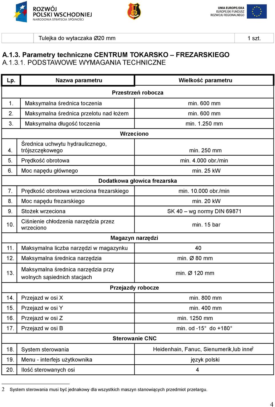 Średnica uchwytu hydraulicznego, trójszczękowego Wrzeciono min. 250 mm 5. Prędkość obrotowa min. 4.000 obr./min 6. Moc napędu głównego min. 25 kw Dodatkowa głowica frezarska 7.