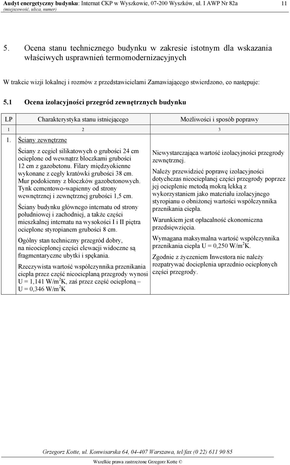 Ściany zewnętrzne Ściany z cegieł silikatowych o grubości 24 cm ocieplone od wewnątrz bloczkami grubości 12 cm z gazobetonu. Filary międzyokienne wykonane z cegły kratówki grubości 38 cm.