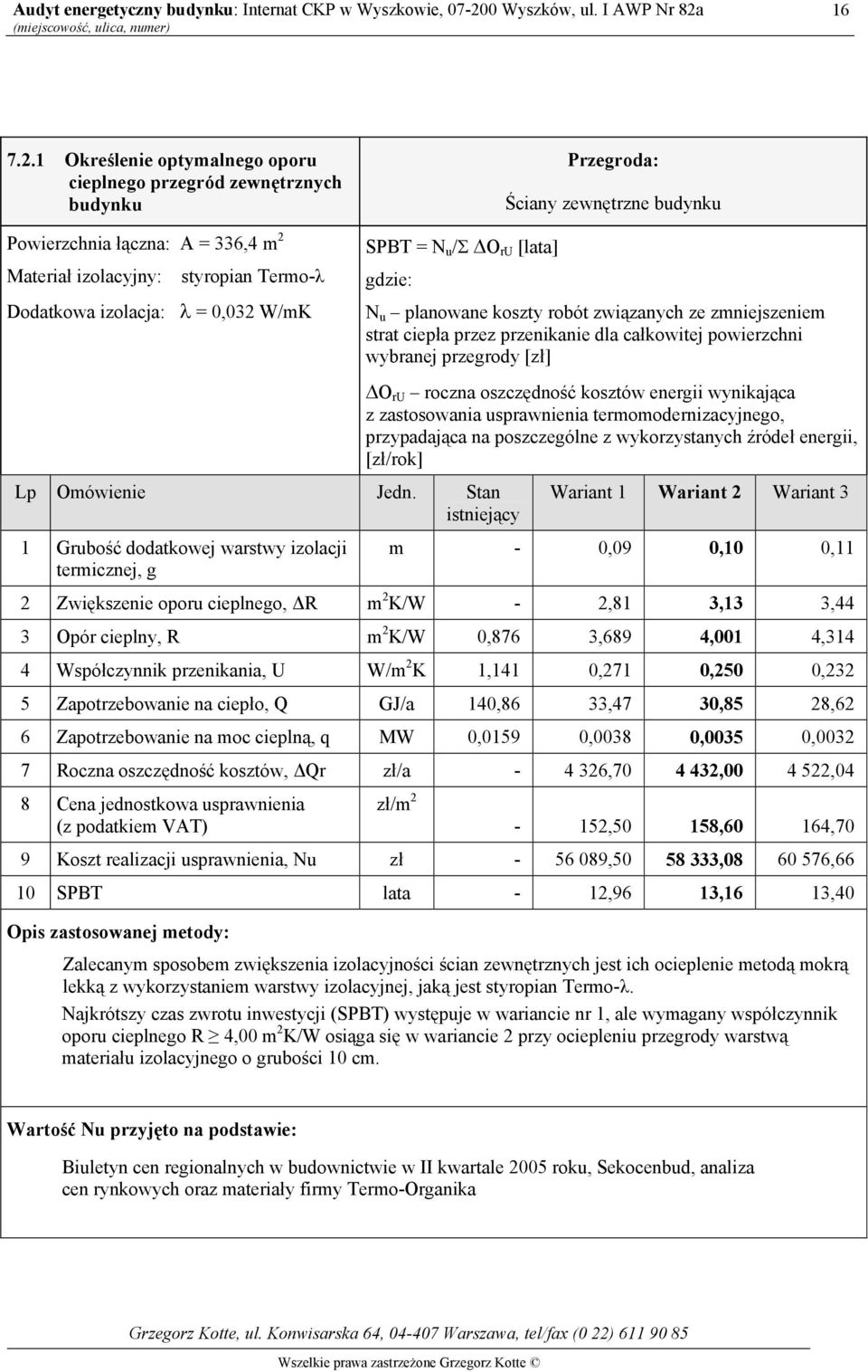 izolacja: λ = 0,032 W/mK SPBT = N u /Σ O ru [lata] gdzie: Lp Omówienie Jedn.