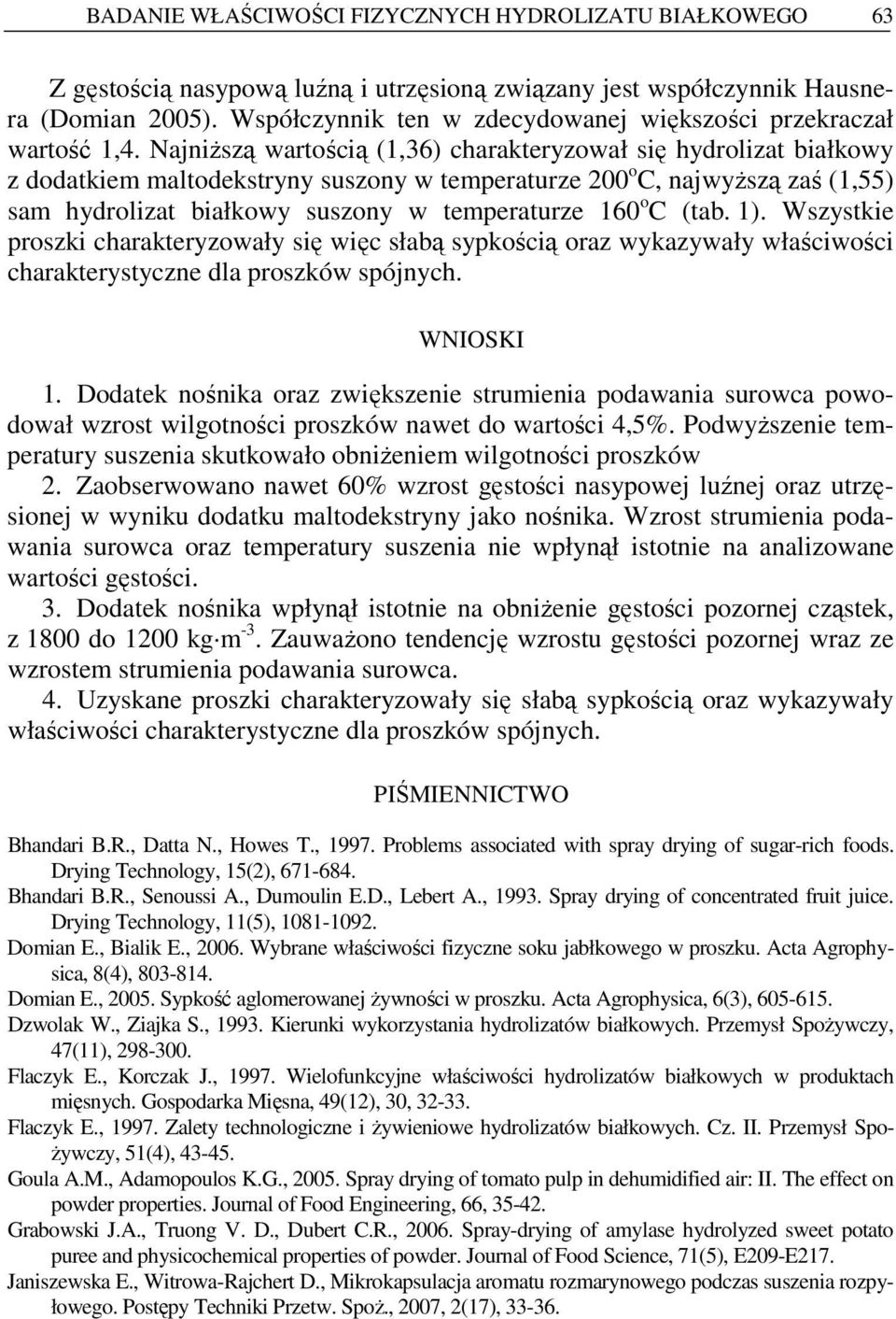 NajniŜszą wartością (1,36) charakteryzował się hydrolizat białkowy z dodatkiem maltodekstryny suszony w temperaturze 200 o C, najwyŝszą zaś (1,55) sam hydrolizat białkowy suszony w temperaturze 160 o