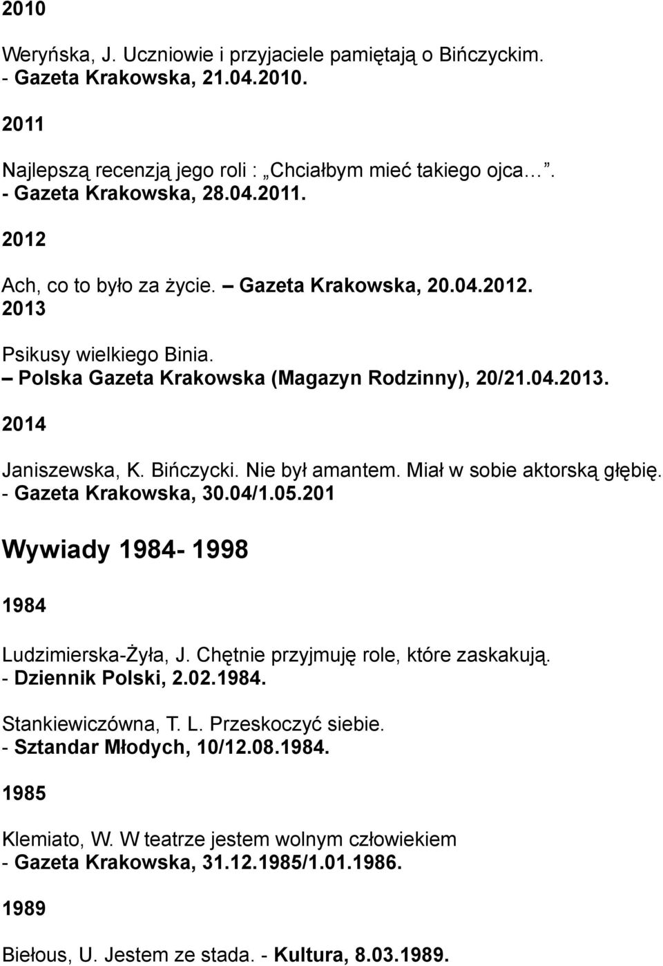 - Gazeta Krakowska, 30.04/1.05.201 Wywiady 1984-1998 1984 Ludzimierska-Żyła, J. Chętnie przyjmuję role, które zaskakują. - Dziennik Polski, 2.02.1984. Stankiewiczówna, T. L. Przeskoczyć siebie.