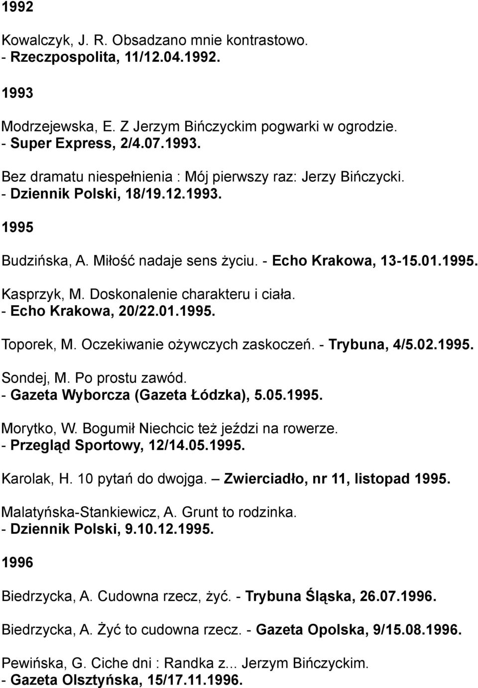 Oczekiwanie ożywczych zaskoczeń. - Trybuna, 4/5.02.1995. Sondej, M. Po prostu zawód. - Gazeta Wyborcza (Gazeta Łódzka), 5.05.1995. Morytko, W. Bogumił Niechcic też jeździ na rowerze.