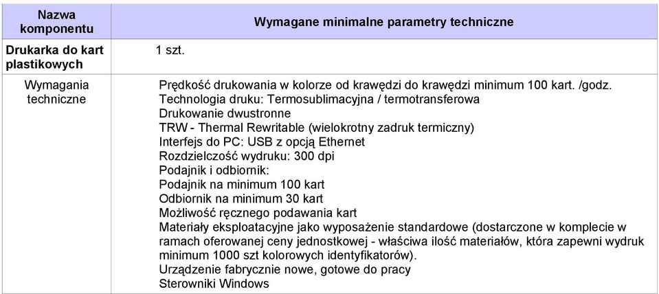 Rozdzielczość wydruku: 300 dpi Podajnik i odbiornik: Podajnik na minimum 100 kart Odbiornik na minimum 30 kart Możliwość ręcznego podawania kart Materiały eksploatacyjne jako